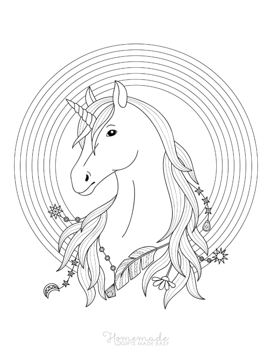 Unicorn Head Rainbow Border Feathers Jewels Flowers In Mane Unicorn Tracing Worksheets Pdf Free Vectors